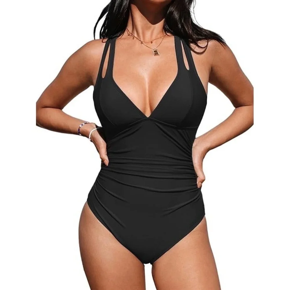 Cupshe Black Ruched One Piece Swimsuit V-Neck Tie Back Size L DAA12E3F005AA - Picture 2 of 10